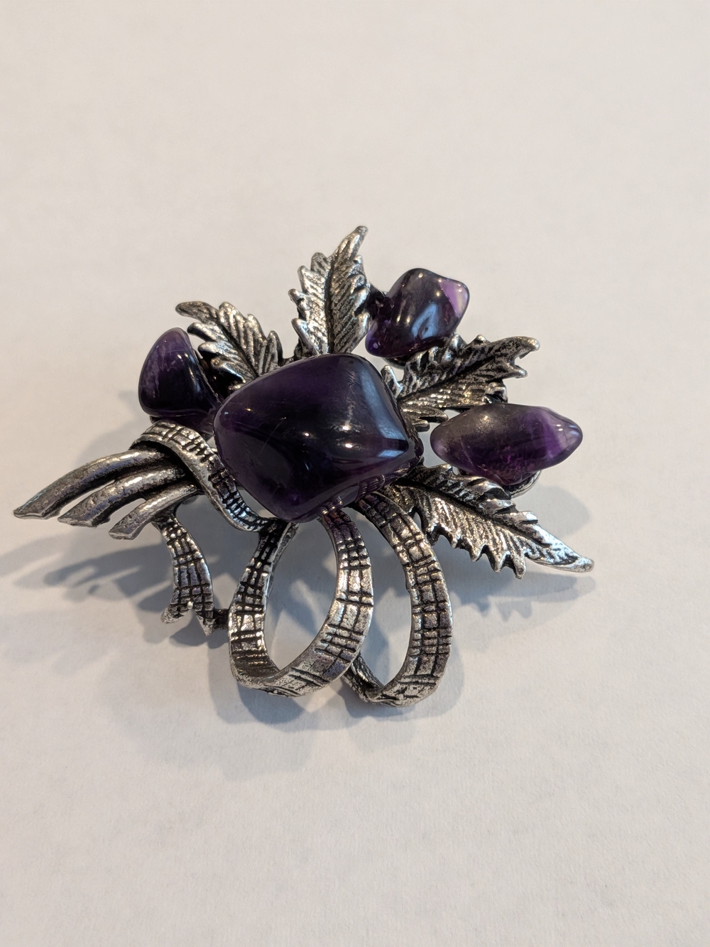 Vintage Before 2007 Silver-Tone Basemetal & Ametiste Thistle Brooch
